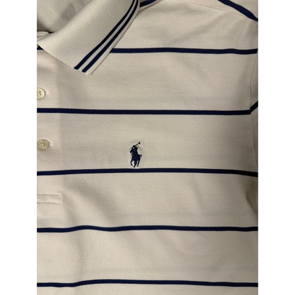 Ralph Lauren Polo Golf Mens XL Beige Navy Stripe Performance Polo Shirt Tip Top - Picture 3 of 10